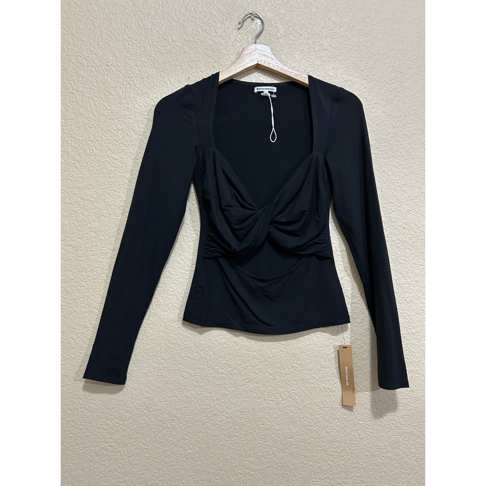 Reformation XS Twist Front Cutout Top Black Long Sleeve Sweetheart Ruched Jersey